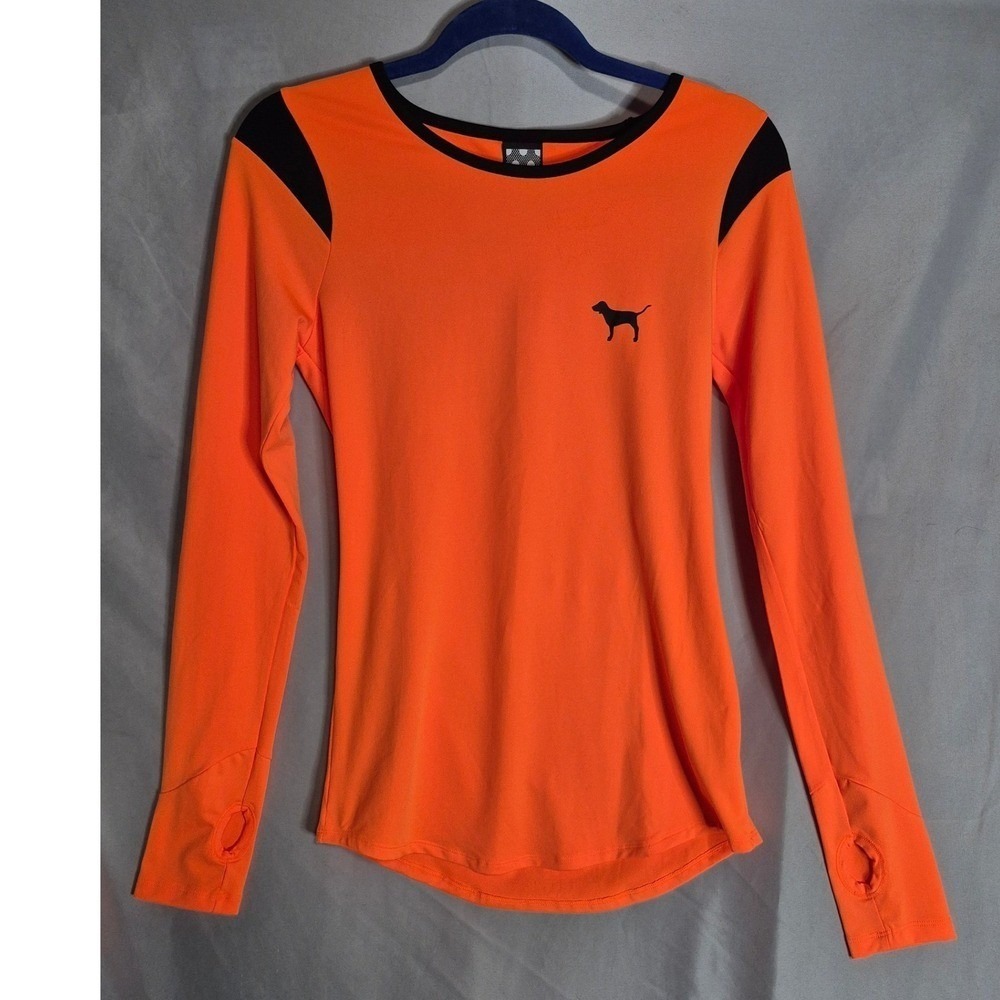 PINK Victoria's Secret Ultimate Long Sleeve Top Thumb Holes Orange Black M